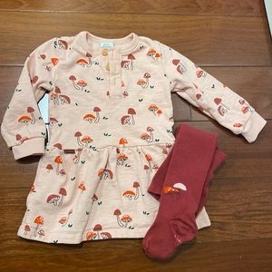 Boboli Girls Two Piece Pink and Red Mushroom Fleece Dress Tights Set 2T